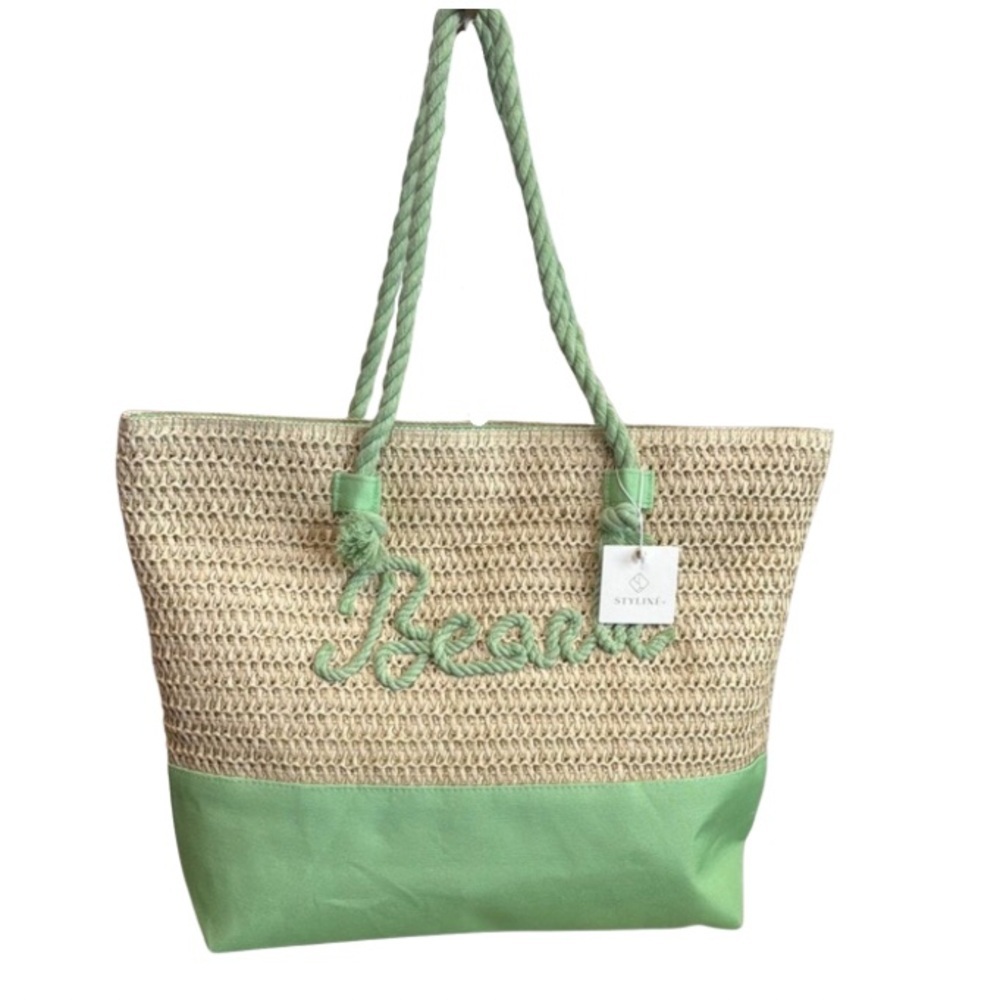 Beach Tote Green and Tan‎ Raffia and Canvas